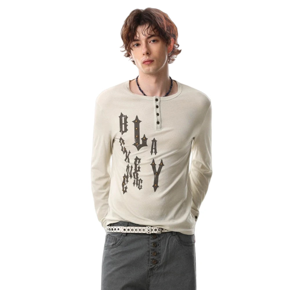 Y2K Letter Print Henley Button Long Sleeve Top