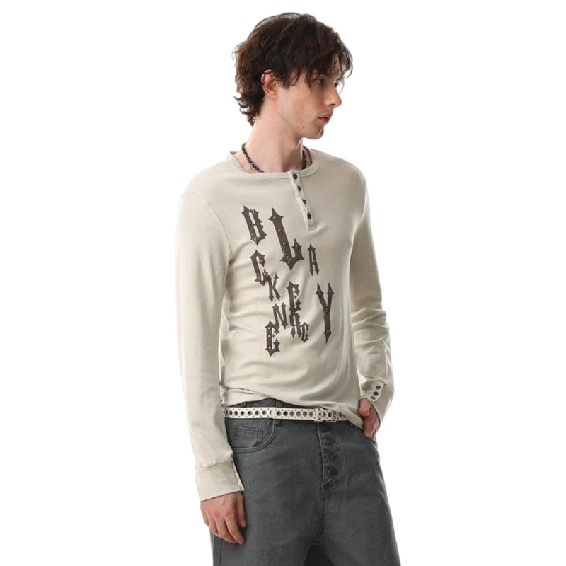 Y2K Letter Print Henley Button Long Sleeve Top