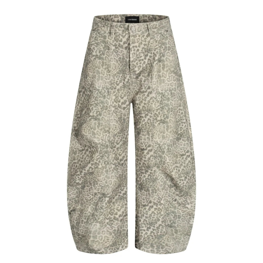 Y2K Light Leopard Print Baggy Denim Curved Barrel Jeans