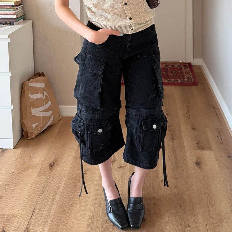 Y2K Long Black Boyfriend Cargo Jorts