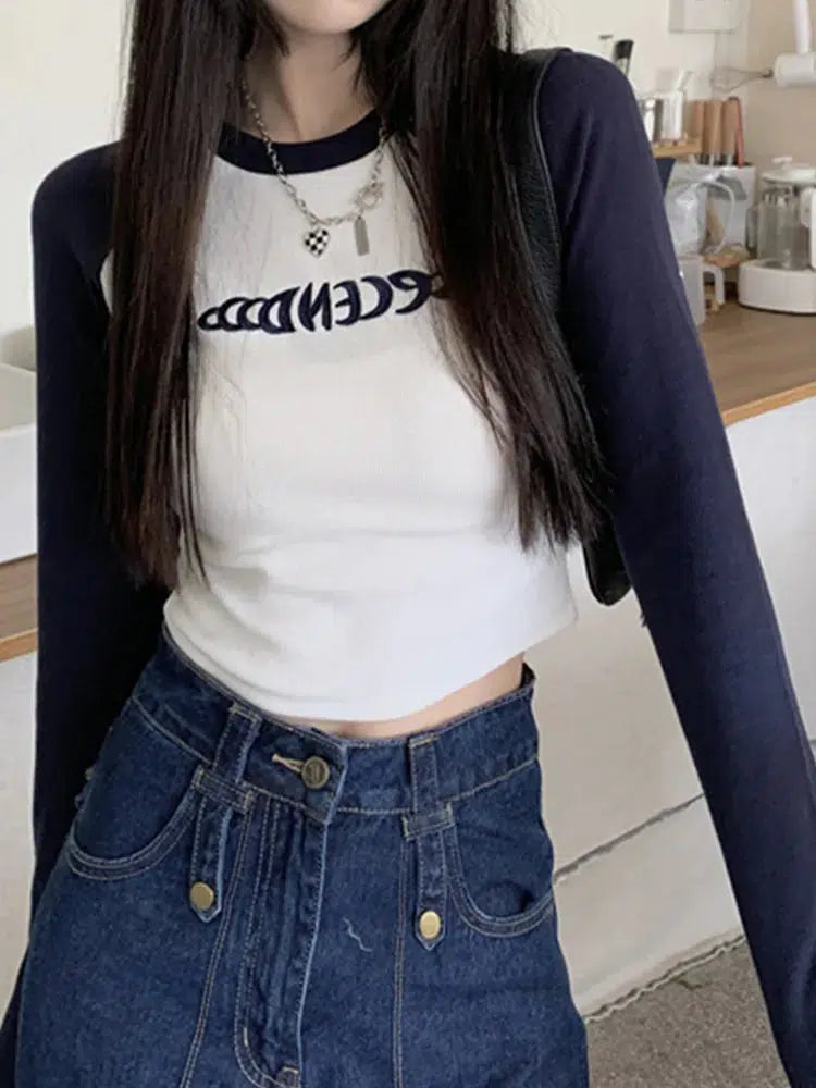 Y2K Long Sleeve Embroidered Top