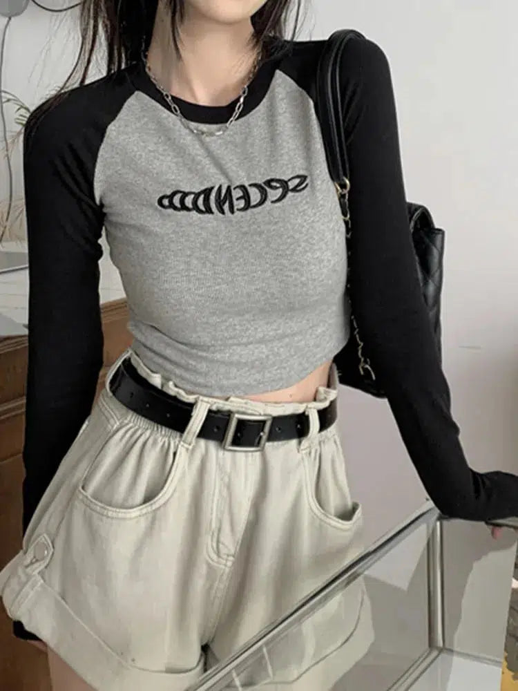 Y2K Long Sleeve Embroidered Top
