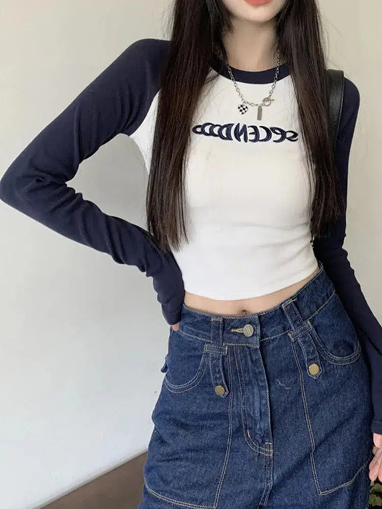 Y2K Long Sleeve Embroidered Top