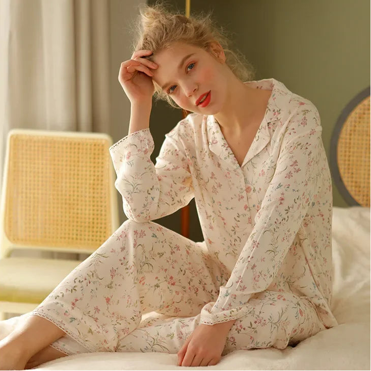 Y2K Long Sleeve Willow Leaf Print Two Piece Pyjamas