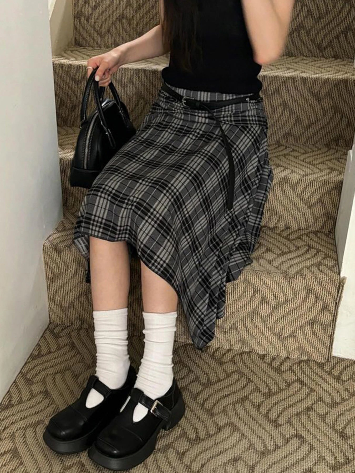 Y2K Loose Irregular Flowy Grey Plaid Midi Skirt