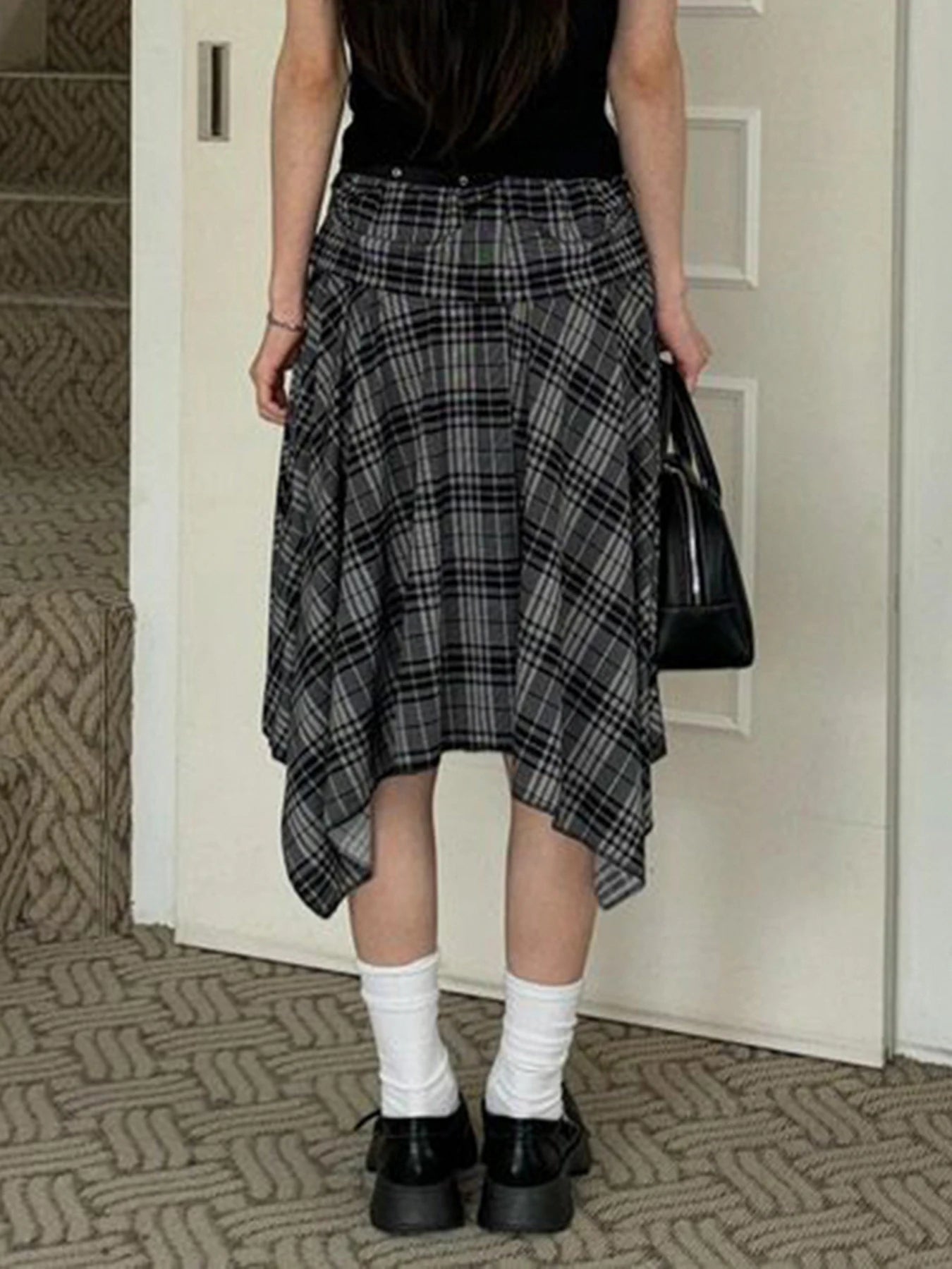 Y2K Loose Irregular Flowy Grey Plaid Midi Skirt