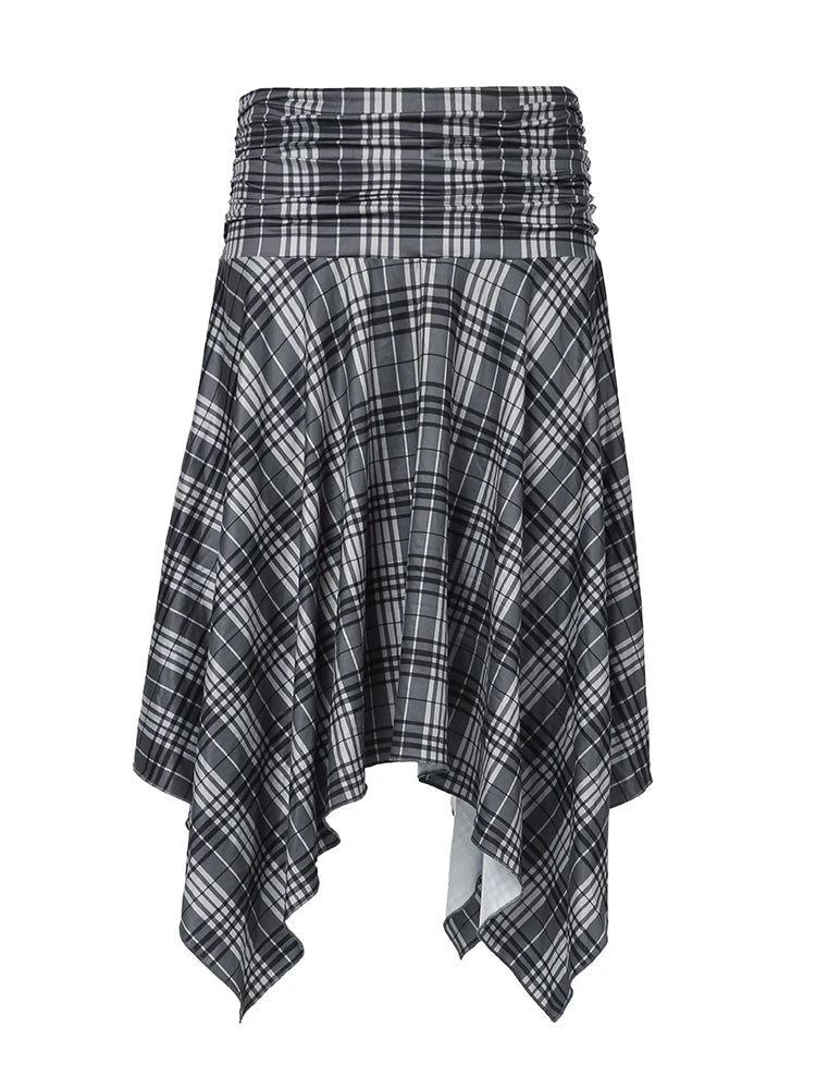Y2K Loose Irregular Flowy Grey Plaid Midi Skirt