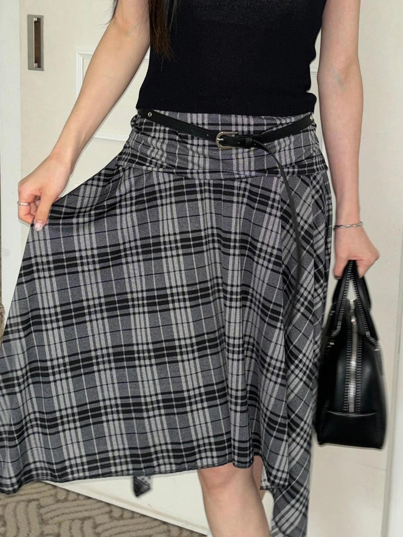 Y2K Loose Irregular Flowy Grey Plaid Midi Skirt