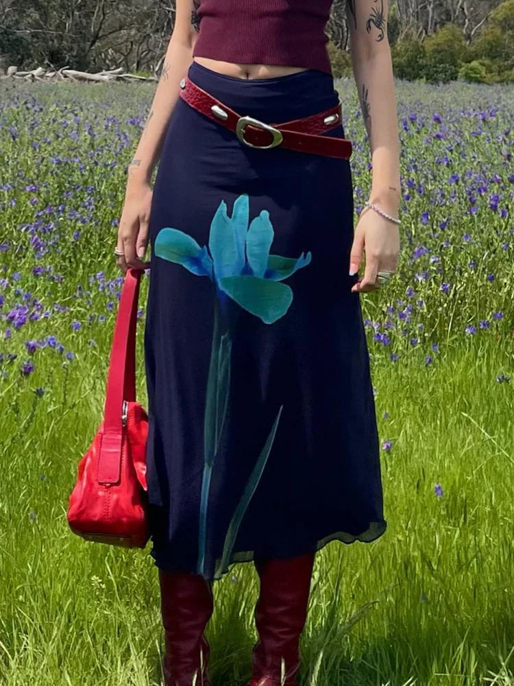 Y2k Floral Butterfly Midi Skirt