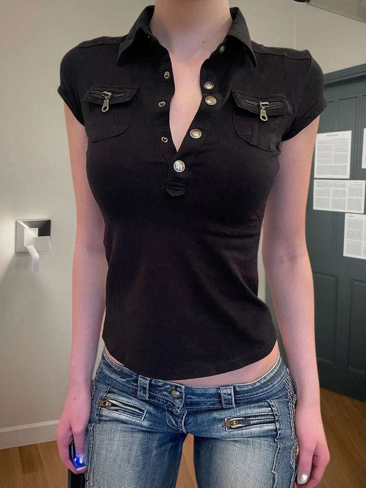 Y2K Low Cut Short Sleeve Workwear Top