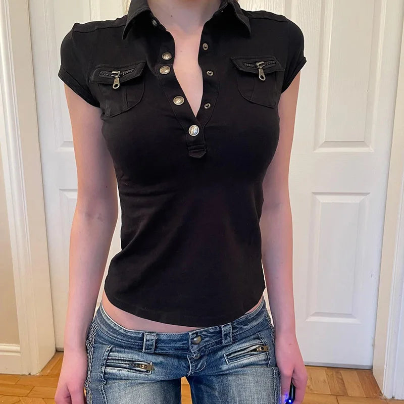 Y2K Low Cut Short Sleeve Workwear Top