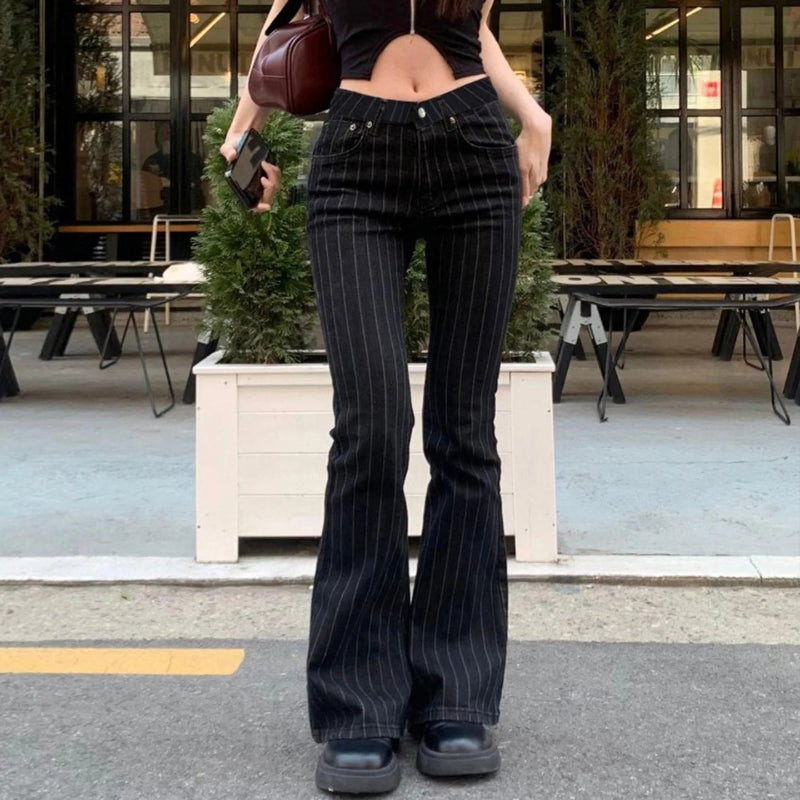 Y2K Low Rise Pinstripe Black Flared Denim Jeans