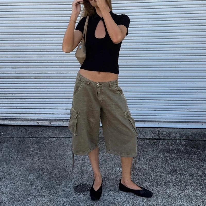 Y2K Low Waist Cargo Capri Boyfriend Jeans Shorts Jorts