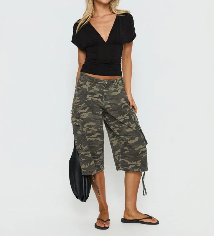 Y2K Low Waist Cargo Capri Boyfriend Jeans Shorts Jorts