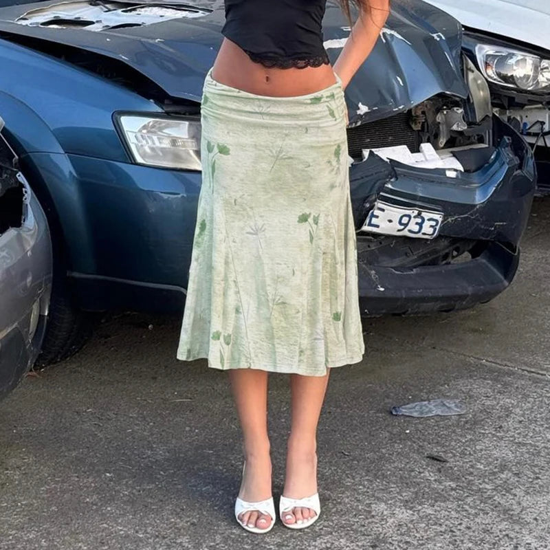 Y2K Low Waist Green Floral Flowy Midi Skirt