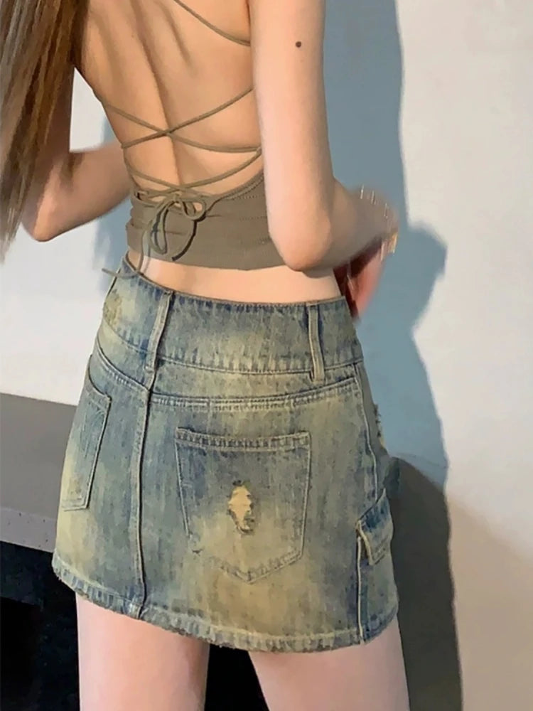 Y2K Low Waist Washed Denim Mini Skirt