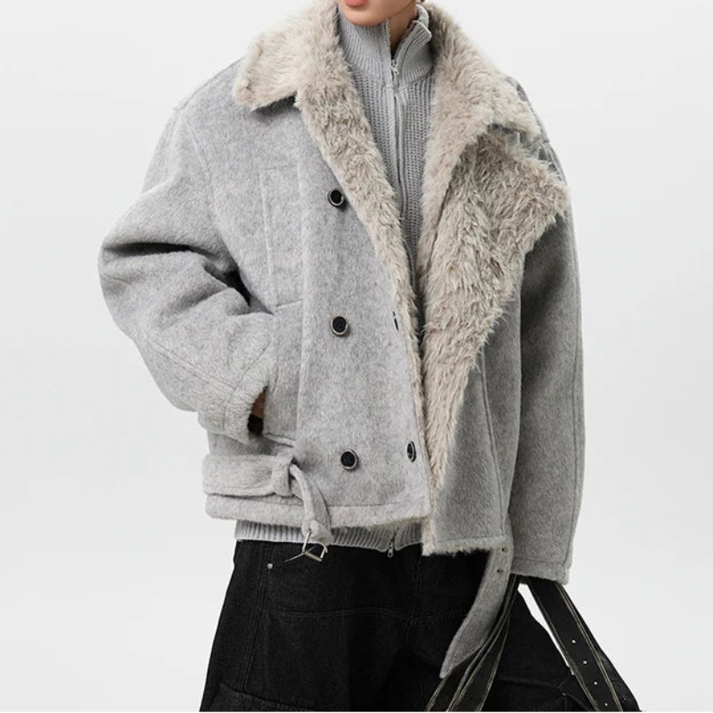 Y2K Mens Cotton Jacket Turn Down Faux Fur Collar Jacket Coat