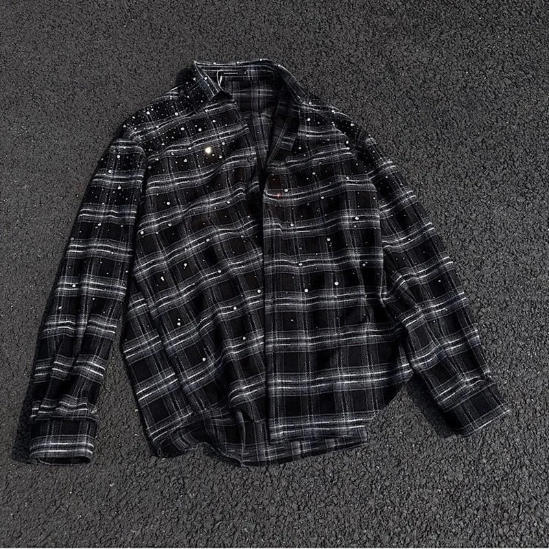 Y2K Mens Plaid Rhinestone Long Sleeve Button Up Shirt