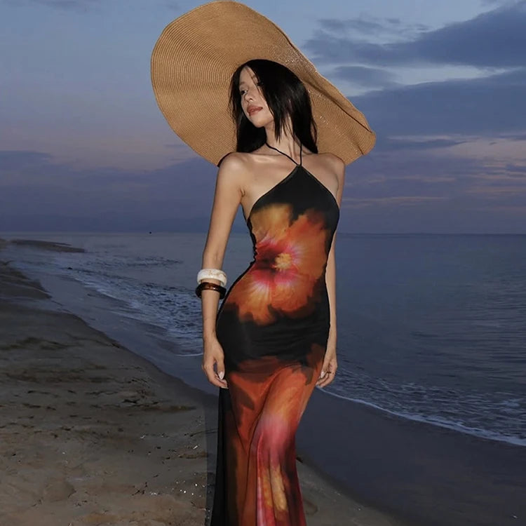 Y2K Mesh Flower Print Halter Sleeveless Maxi Dress