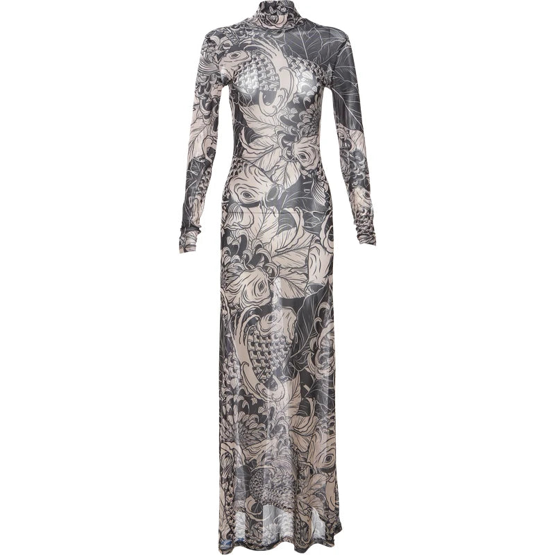 Y2K Mesh Print Turtleneck Bodycon Maxi Dress