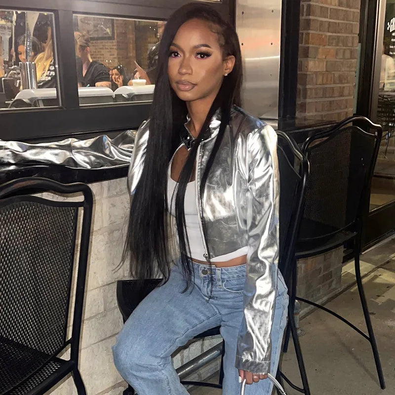 Y2K Metallic Cropped Zip Up Jacket