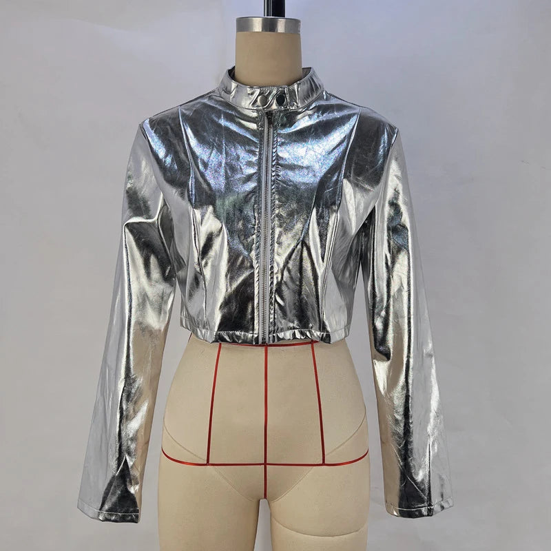 Y2K Metallic Cropped Zip Up Jacket