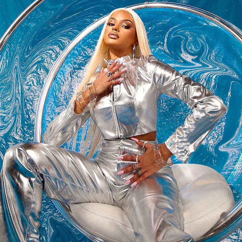 Y2K Metallic Cropped Zip Up Jacket