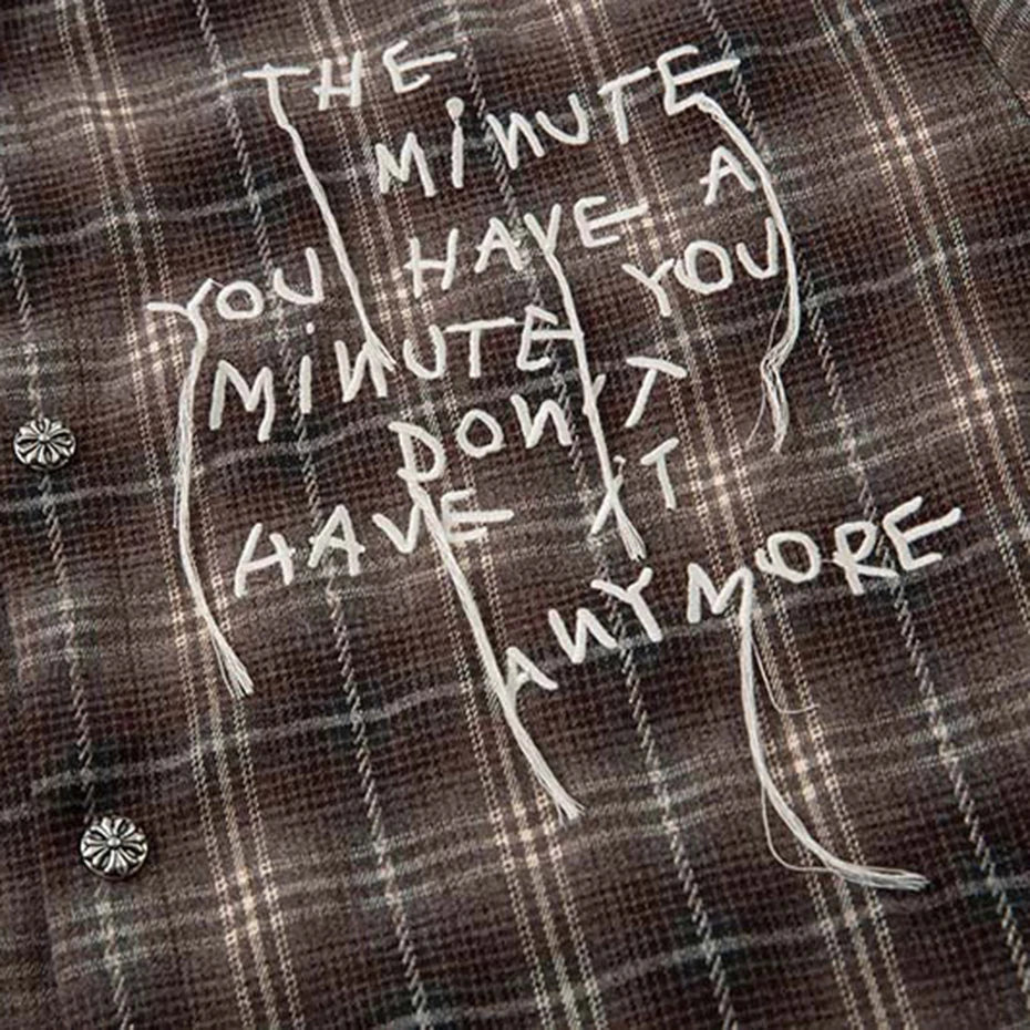 Y2K "Minutes" Plaid Mock Two Piece Long Sleeve Button Up Shirt Top