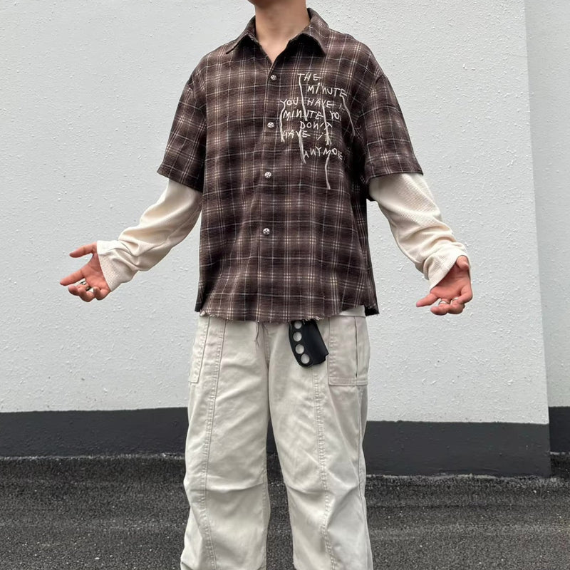 Y2K Minutes Plaid Mock Two Piece Long Sleeve Button Up Shirt Top