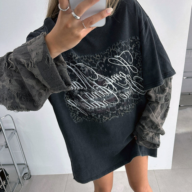 Y2K Mock Two Piece Distressed Long Sleeve T Shirt