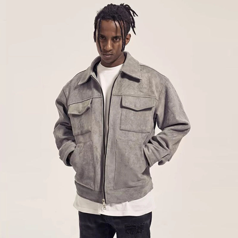 Y2K Multi Pocket Suede Cargo Zip Up Jacket
