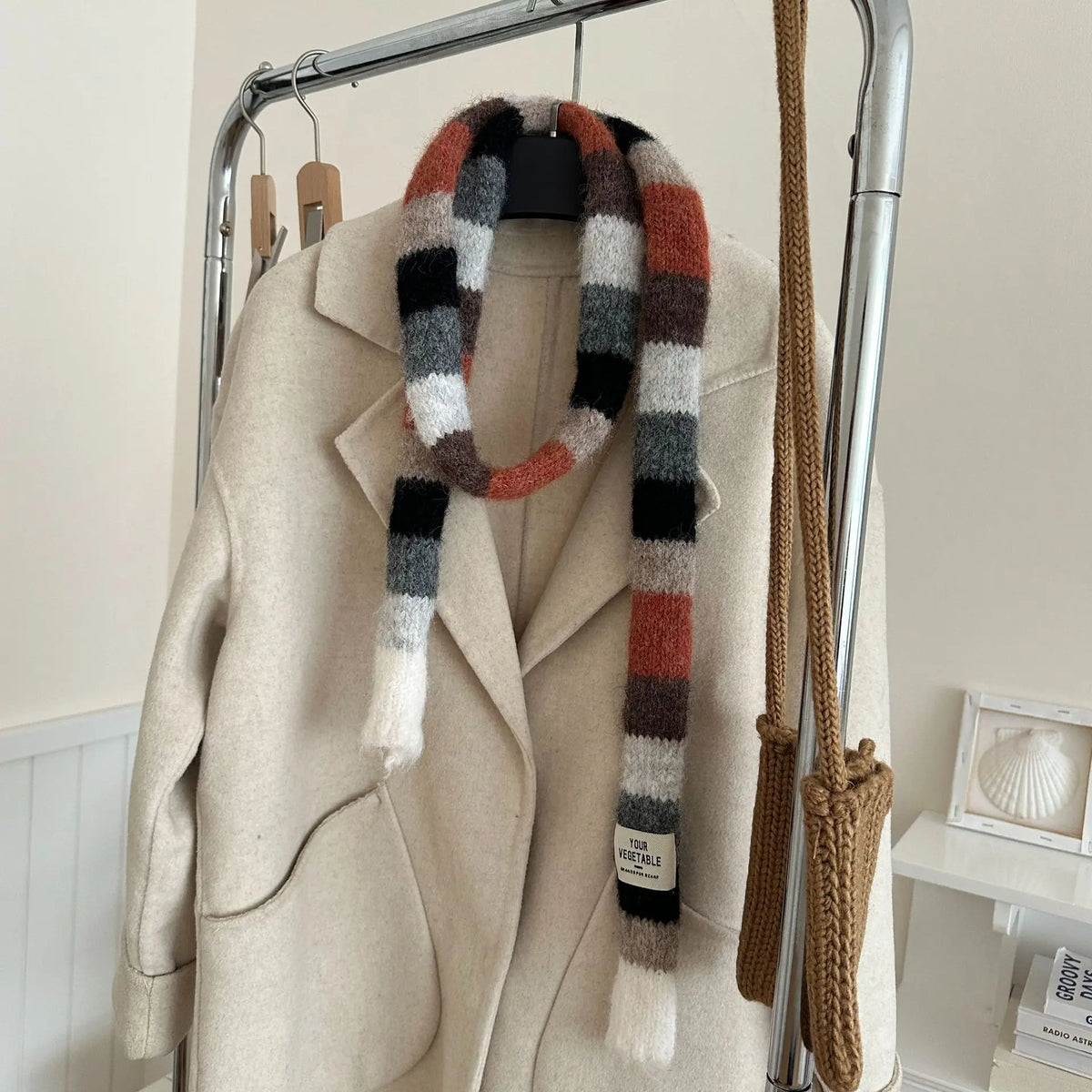 Y2K Multi Seasonal Striped Long Narrow Thin Knitted Scarf
