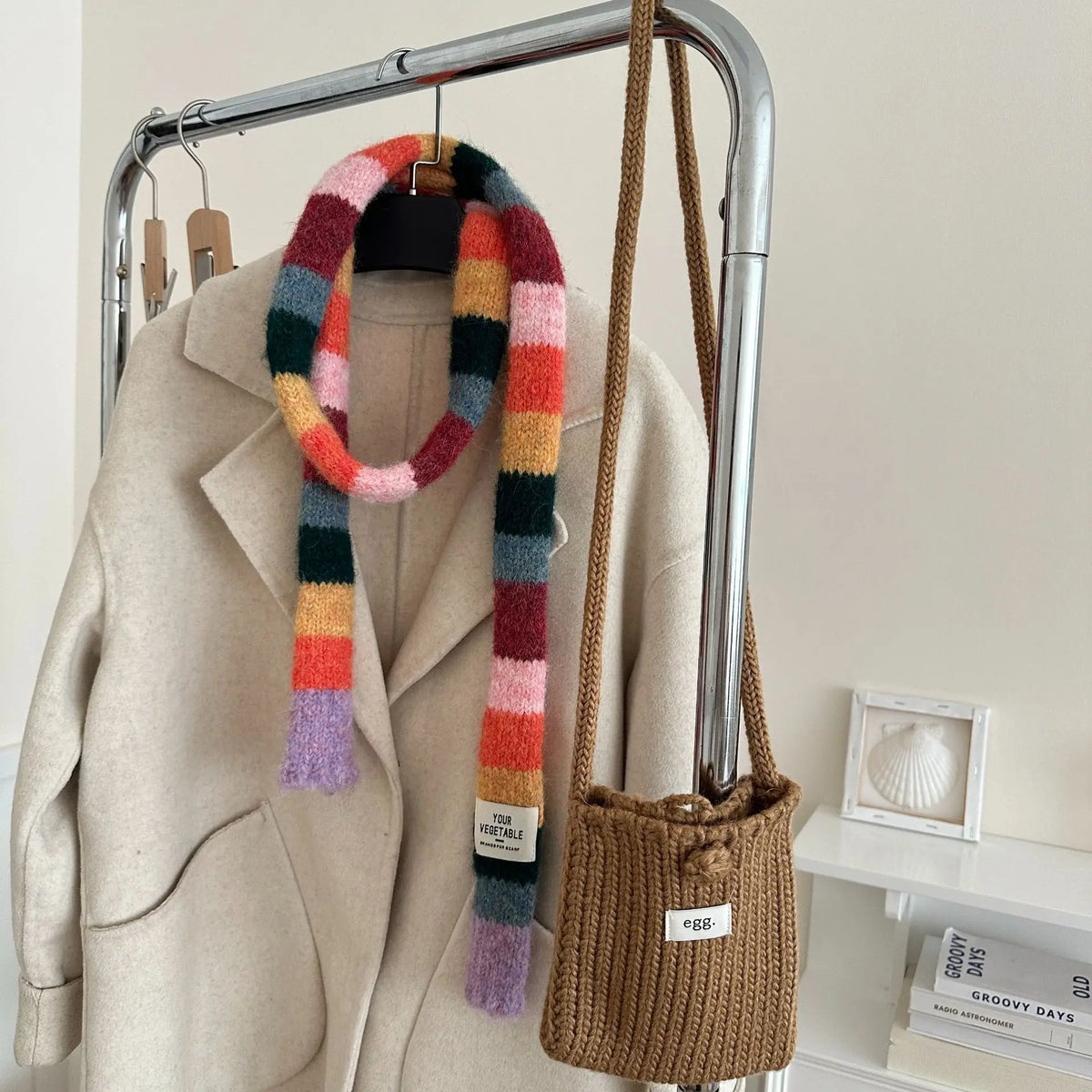 Y2K Multi Seasonal Striped Long Narrow Thin Knitted Scarf