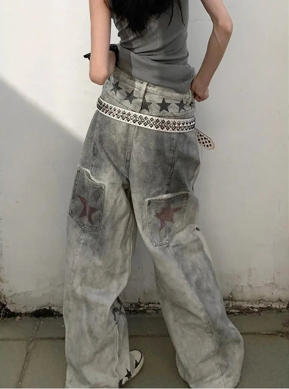Y2K Music and Melodies Washed Grey Graphic Baggy Jeans