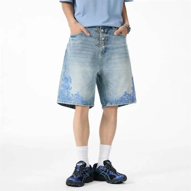 Y2K "Ocean Swirl" Washed Light Blue Denim Shorts Jorts