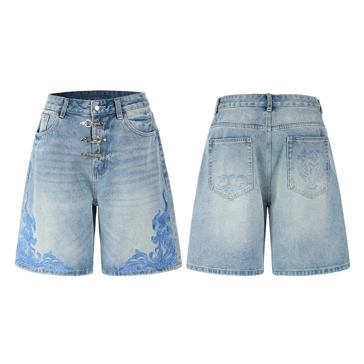 Y2K "Ocean Swirl" Washed Light Blue Denim Shorts Jorts