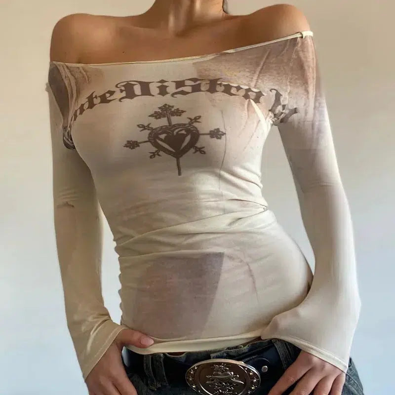 Y2K Off Shoulder Graphic Mesh Top