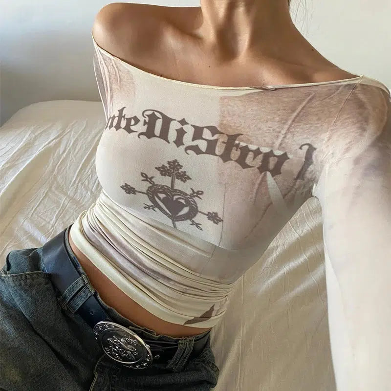Y2K Off Shoulder Graphic Mesh Top