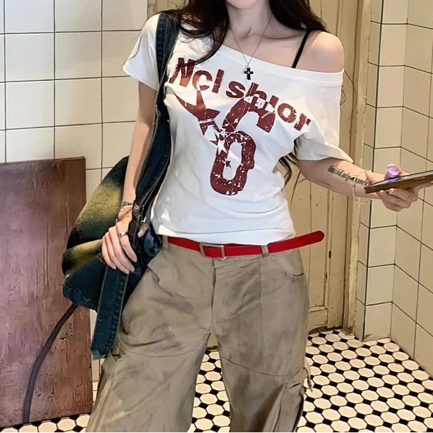 Y2K Off Shoulder Graphic T Shirt