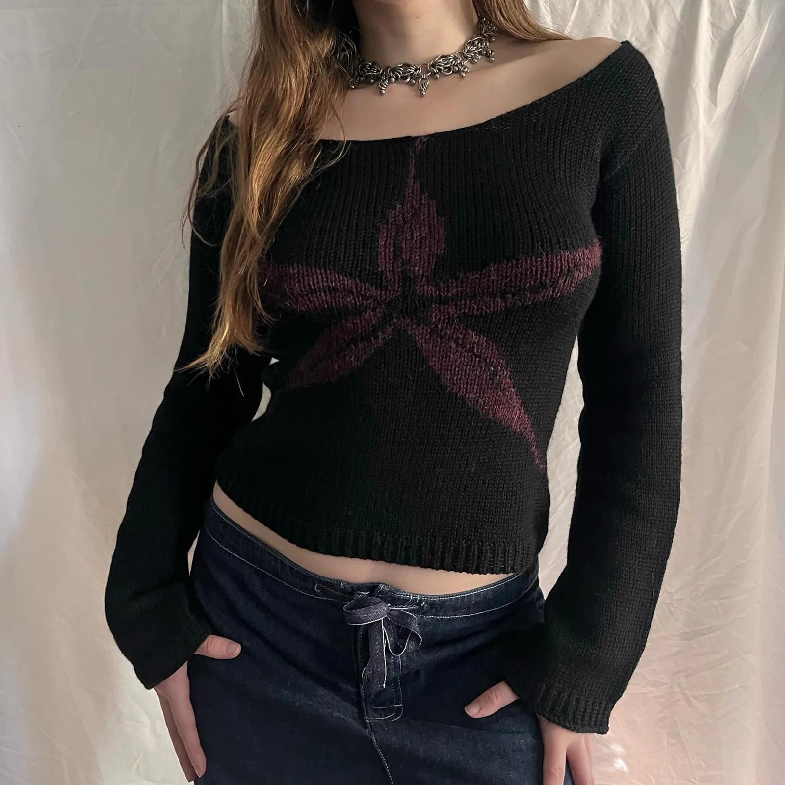 Y2K Off Shoulder Knitted Sweater