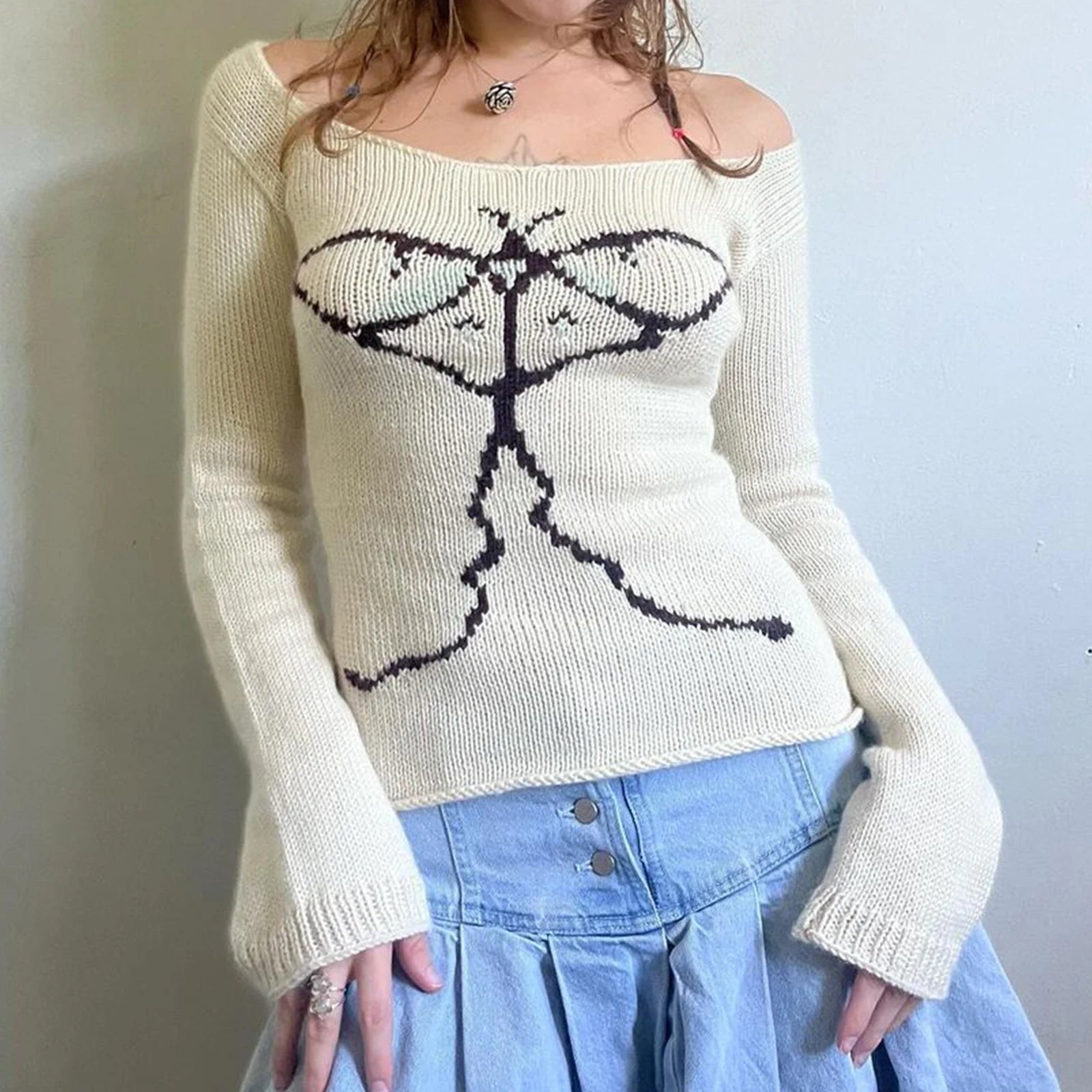 Y2K Off Shoulder Knitted Sweater