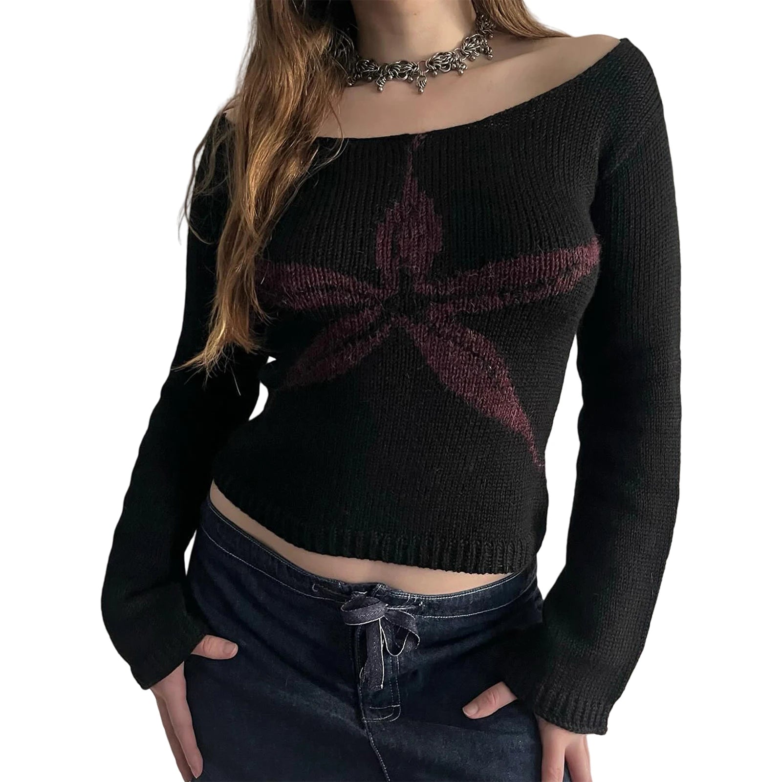 Y2K Off Shoulder Knitted Sweater