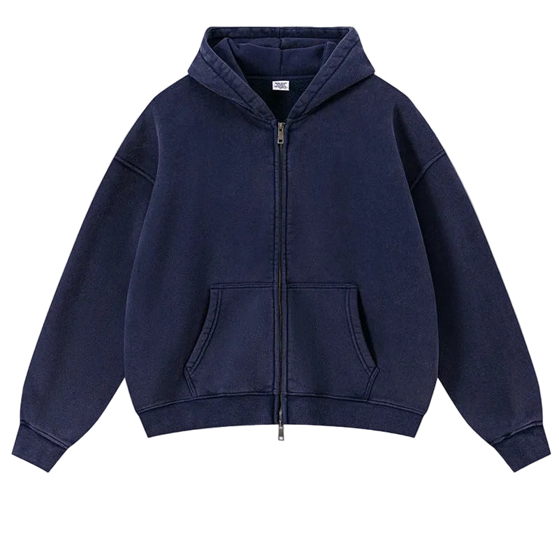 Y2K Origin 400gsm Essentials Retro Washed Boxy Fit Plain Zip Up Hoodie