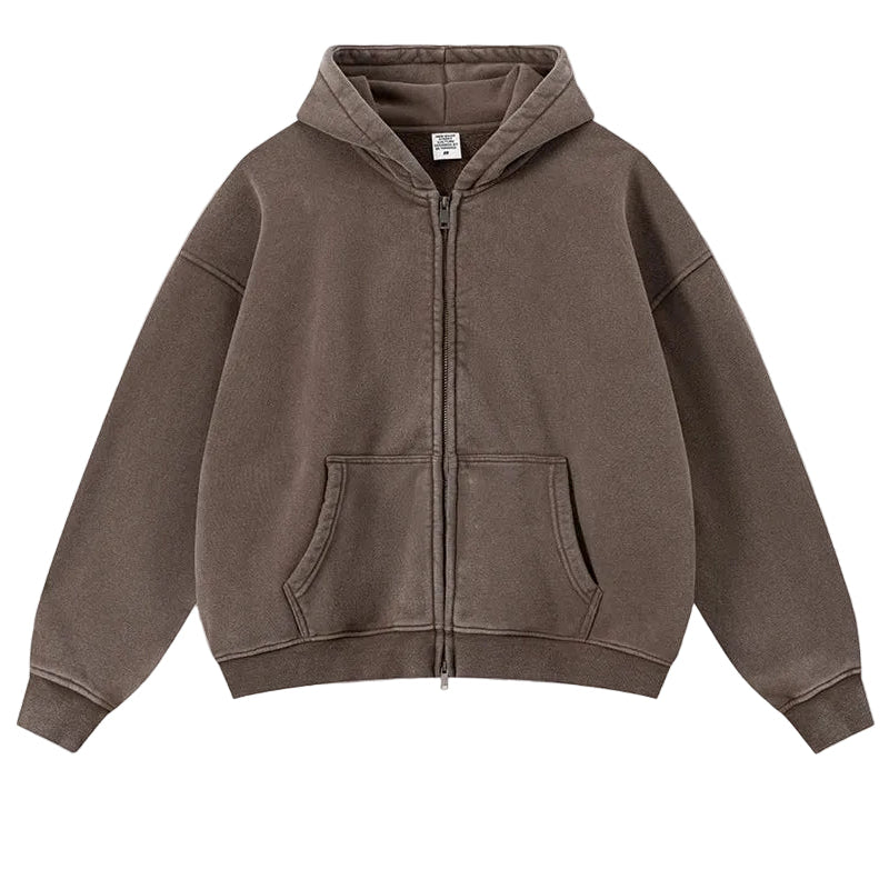 Y2K Origin 400gsm Essentials Retro Washed Boxy Fit Plain Zip Up Hoodie