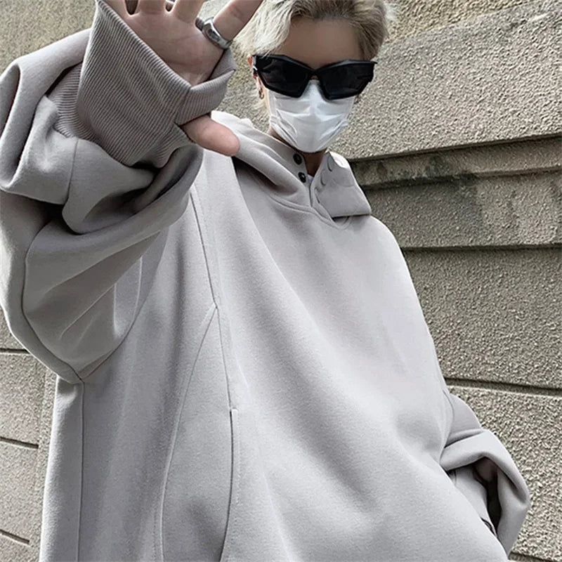 Y2K Oversized Baggy Button Neck Hooded Sweatshirt