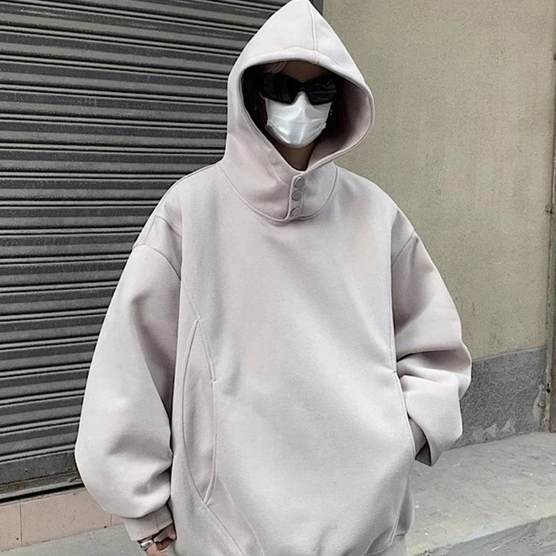 Y2K Oversized Baggy Button Neck Hooded Sweatshirt