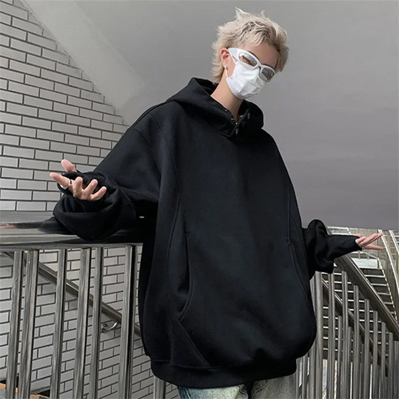 Y2K Oversized Baggy Button Neck Hooded Sweatshirt