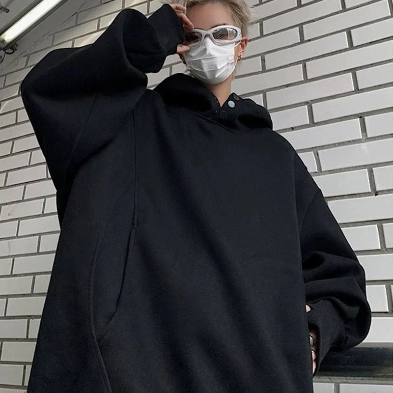 Y2K Oversized Baggy Button Neck Hooded Sweatshirt