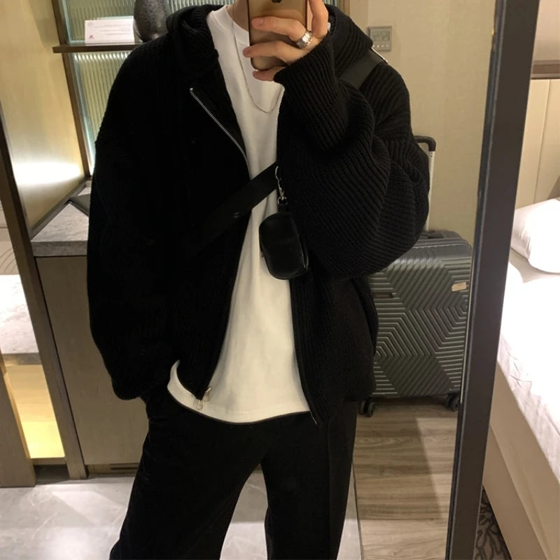 Y2K Oversized Knit Hooded Zip Up Cardigan