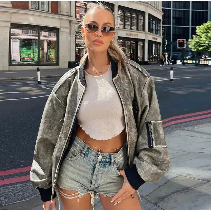 Y2K Oversized Leather Bomber Jacket